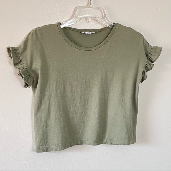 Zara Short Sleeve Ruffle Washed Green Top Small - Picture 3 of 13